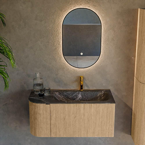 MONDIAZ KURVE-DLUX meuble de salle de bains 95 cm avec module 25 L couleur chêne avec 1 tiroir et 1 porte. Vasque BIG SMALL droite 1 trou de robinetterie couleur lave. SW1138136
