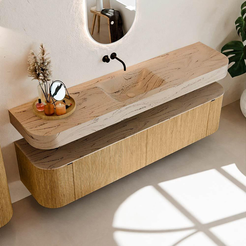 MONDIAZ THOR-DLUX Meuble de salle de bains - 190cm - arrondi gauche + droite - couleur Oak - 2 tiroirs et 2 portes - Vasque suspendue CLOUD Milieu sans trou de robinet - couleur Arena SW1466570