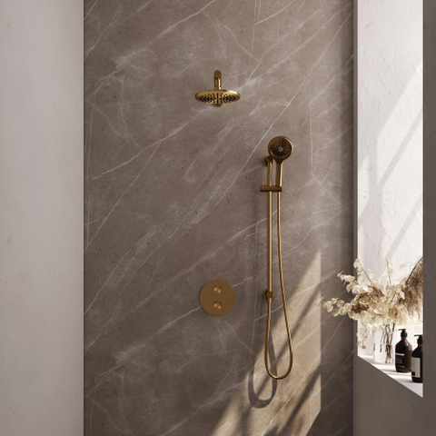 BRAUER Gold Edition douche thermostatique encastrée - 3 voies - rond - set 91 - douche principale de 20 cm - bras mural droit - douchette à main 3 positions - flexible de douche - barre de douche intégrée - or brossé PVD SW1159030