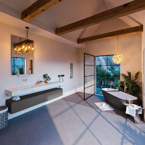 Mondiaz ALAN-DLUX Ensemble de meuble - 200cm - meuble Dark grey mat - 2 tiroirs - Lavabo Cloud Opalo suspendu - vasque Gauche - 0 trous de robinet SW806430