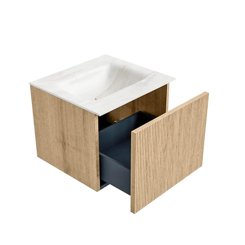 MONDIAZ KURVE-DLUX 50cm badmeubel kleur Oak met 1 lade. Wastafel GRUNNE midden 1 kraangat kleur Ostra. SW1137706