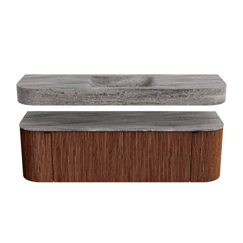 MONDIAZ THOR-DLUX 150cm badmeubel ronding links + rechts kleur Ruby met 1 lade en 2 deuren. Vrijhangende wastafel CLOUD Midden zonder kraangat kleur Oza. SW1464844