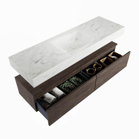 Mondiaz ALAN-DLUX Ensemble de meuble de salle de bain - 100x46cm - 2 tiroirs - vasque suspendue - sans trous de robinetterie - 2 au centre - Dark Brown (chêne foncé) SW1216128