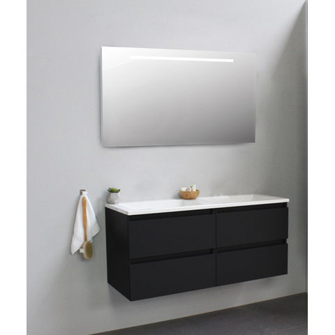 Basic Bella Meuble salle de bains avec lavabo acrylique avec miroir et éclairage Blanc 120x55x46cm sans trous de robinet Noir mat SW491815