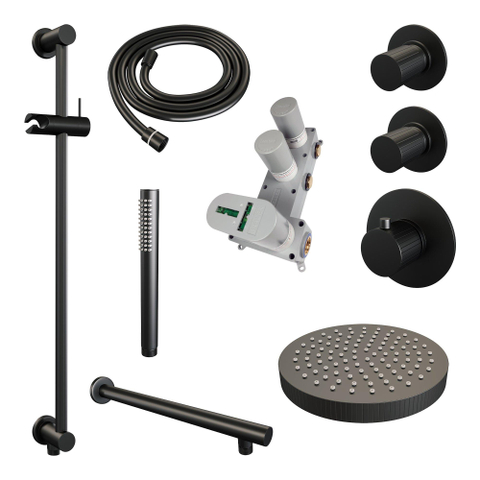 BRAUER Stripe Thermostatische Inbouw Regendouche - SET 07 - 25cm douchekop - rechte muurarm - staaf handdouche - doucheslang - geïntegreerde glijstang - mat zwart SW1435134