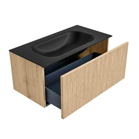 MONDIAZ KURVE Meuble de salle de bains 90 cm couleur Oak avec 1 tiroir. Lavabo BIG SMALL central 1 trou de robinet Urban. SW1138359