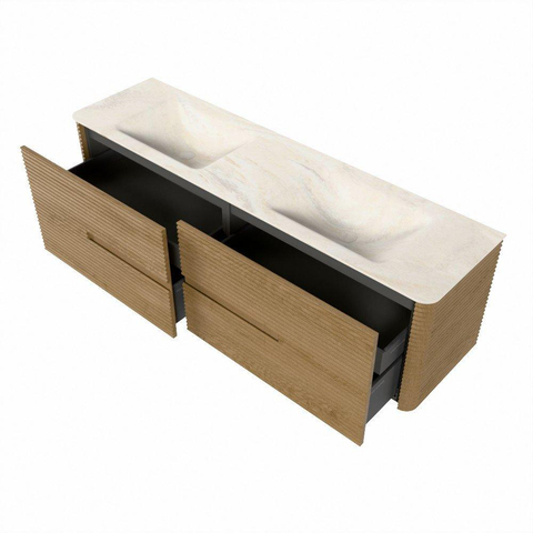 Mondiaz CIRO-DLUX Meuble de salle de bains - 170x45x50cm - Plan vasque Solid surface Ostra - 2 vasques Double - sans trous de robinetterie - 4 tiroirs - Chêne SW1530931