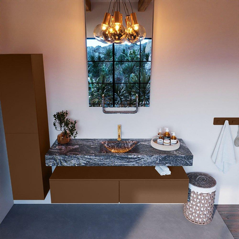 Mondiaz ALAN-DLUX Ensemble de meuble - 150cm - meuble Rust mat - 2 tiroirs - Lavabo Cloud Lava suspendu - vasque Centre - 1 trou de robinet SW808483
