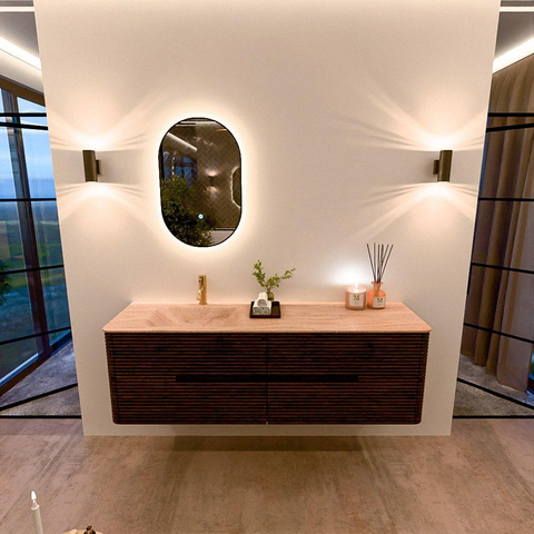 Mondiaz CIRO-DLUX Ensemble de meubles de salle de bains - 160x45x50cm - Vasque en solid surface Saba - 1 lavabo à gauche - 1 trou de robinet - 4 tiroirs - Noyer SW1530706
