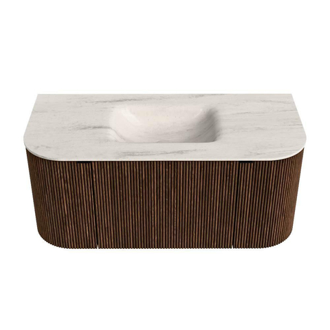 MONDIAZ KURVE-DLUX Meuble de salle de bains 100cm arrondi Gauche + Droite couleur Walnut avec 1 tiroir et 2 portes. Lavabo GRUNNE Central 1 trou de robinet Meli. SW1431670