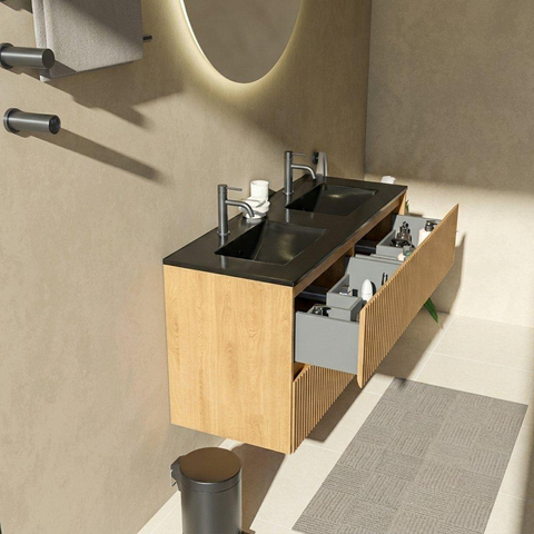 Saniclass Holz Atelier Badkamermeubelset - 120x45x62cm - Vygo keramische wastafel zwart - 2 wasbakken - 2 kraangaten - 4 lades - mat eiken natural (hout) SW1478986