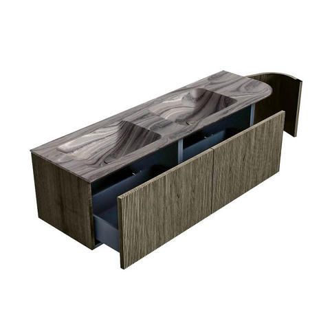 MONDIAZ KURVE-DLUX Meuble de salle de bains 155cm arrondi à droite couleur Shadow avec 2 tiroirs et 1 porte. Lavabo LEAF Double / À gauche 2 trous de robinet Sombra. SW1433803