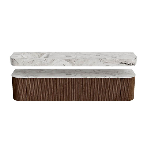 MONDIAZ THOR-DLUX 200cm badmeubel ronding links + rechts kleur Walnut met 2 lades en 2 deuren. Vrijhangende wastafel CLOUD Links 1 kraangat kleur Glace. SW1466978