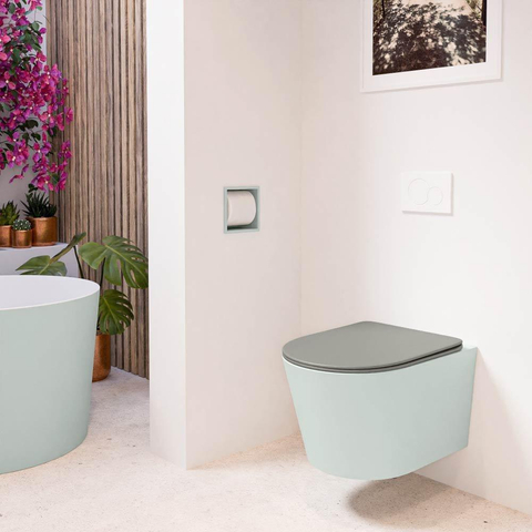 Mondiaz LAVIE hangtoilet – spoelrandloos – 36 x 53 cm – met softclose zitting – Greey (lichtgroen/grijs), zitting Smoke (lichtbruin) SW1208729