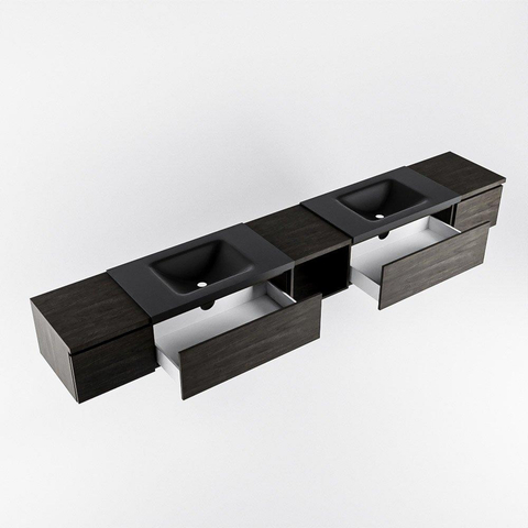 MONDIAZ BUKLA 280cm ensemble de meuble avec module ouvert 40 au milieu couleur Marron Foncé avec 4 tiroirs. Lavabo CLOUD double 2 trous de robinet couleur Urban. SW1382306