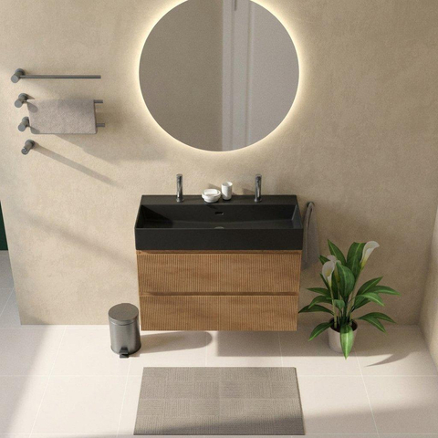 Saniclass Holz Atelier Badkamermeubelset - 100x45x72cm - Legend keramische wastafel mat zwart - 1 wasbak - 2 kraangaten - 2 lades - mat eiken natural (hout) SW1579639