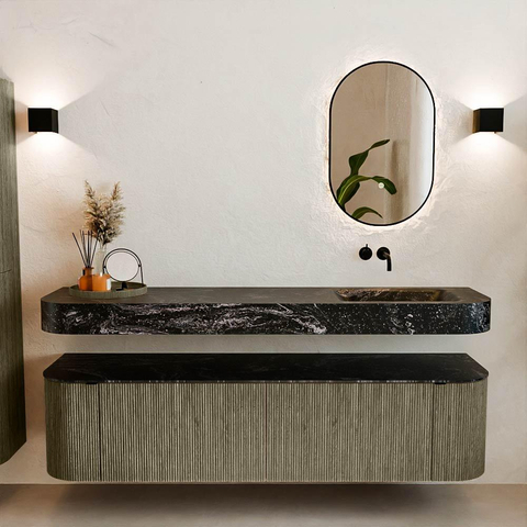 MONDIAZ THOR-DLUX 180cm meuble de salle de bains arrondi gauche + droite couleur Shadow avec 2 tiroirs et 2 portes. Vasque suspendue CLOUD Droite sans trou de robinet couleur Lava. SW1466075