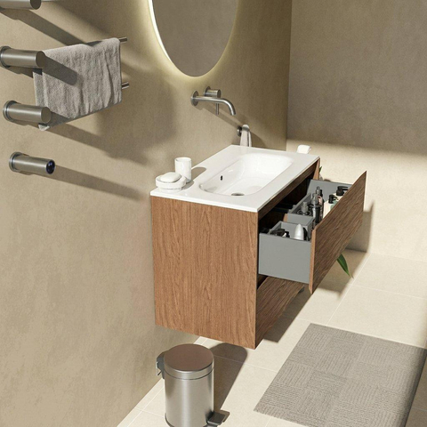 Saniclass Holz Pure Badkamermeubelset - 80x45x73.9cm - Chaci keramische wastafel wit - 1 wasbak - zonder kraangat - 2 lades - mat walnut pure (hout) SW1478795