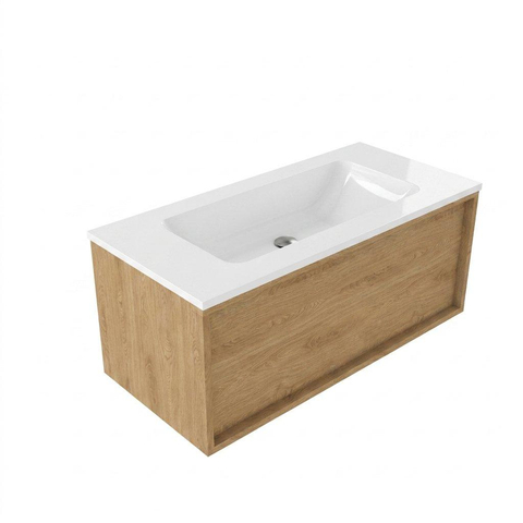 Saniclass Holz Frame Badkamermeubelset - 100x45x57.5cm - Torino solid surface wastafel wit - zonder kraangat - 1 lade - mat eiken natural (hout) SW1478659