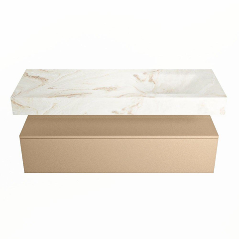 Mondiaz ALAN-DLUX Ensemble de meuble - 130cm - meuble Oro mat - 1 tiroir - Lavabo Cloud Frappe suspendu - vasque Droite - 0 trous de robinet SW805801