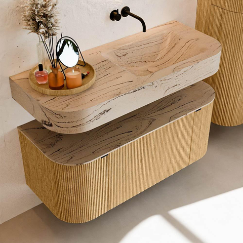 MONDIAZ THOR-DLUX 110cm meuble de salle de bains arrondi gauche + droite couleur Chêne avec 1 tiroir et 2 portes. Vasque suspendue CLOUD Droite sans trou de robinet couleur Arena. SW1462894