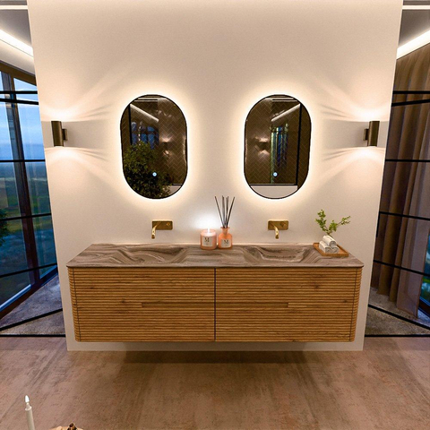 Mondiaz CIRO-DLUX Badkamermeubelset - 180x45x50cm - Solid surface wastafel Sombra - 2 wasbak Dubbel - zonder kraangaten - 4 lades - Oak SW1531276