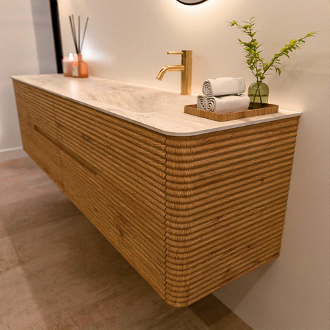 Mondiaz CIRO-DLUX Ensemble meuble de salle de bains - 190x45x50cm - Plan vasque solid surface Frappe - 1 lavabo à droite - 1 trou de robinet - 4 tiroirs - Chêne SW1530902