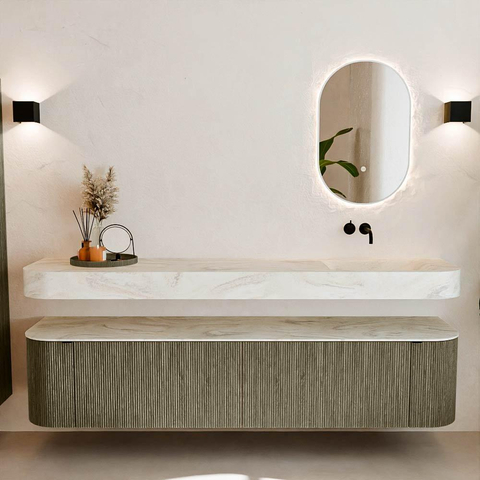 MONDIAZ THOR-DLUX Meuble de salle de bains - 200cm - arrondi gauche + droite - couleur Shadow - 2 tiroirs et 2 portes - Vasque suspendue CLOUD Droite sans trou de robinet - couleur Ostra SW1467048