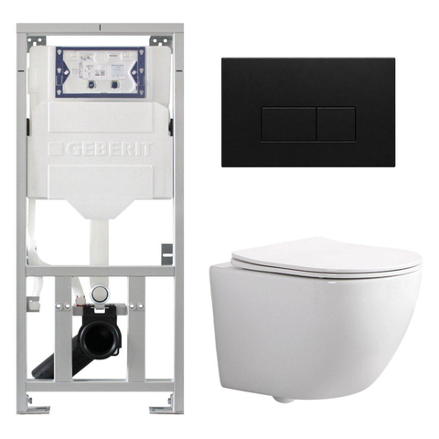 Pack WC QeramiQ Dely Swirl Compact - réservoir encastrable Geberit UP320 - avec bâti-support Burda - abattant slim - plaque de commande en plastique noir mat - boutons rectangulaires - blanc brillant SW1592285
