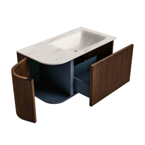 MONDIAZ KURVE-DLUX Meuble de salle de bains 85 cm arrondi à gauche couleur Walnut avec 1 tiroir et 1 porte. Lavabo CLOUD à droite 1 trou de robinet Meli. SW1432039