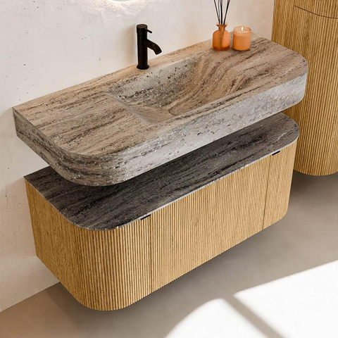 MONDIAZ THOR-DLUX 110cm badmeubel ronding links + rechts kleur Oak met 1 lade en 2 deuren. Vrijhangende wastafel CLOUD Midden 1 kraangat kleur Oza. SW1462960