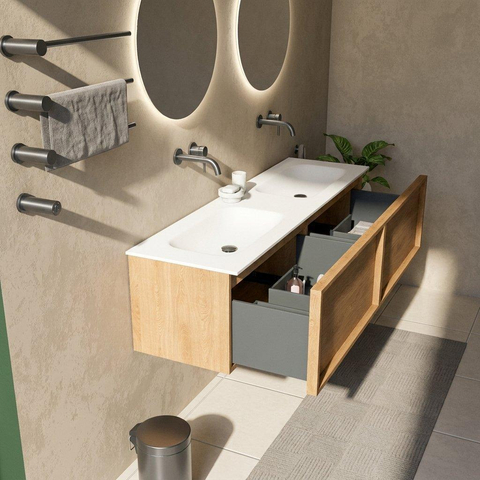 Saniclass Holz Frame Badkamermeubelset - 160x45x41.5cm - Flow solid surface wastafel wit - 2 wasbakken - zonder kraangaten - 2 lades - mat eiken natural (hout) SW1478447
