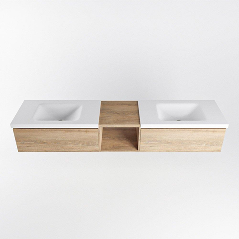 MONDIAZ BUKLA 200cm ensemble de meuble avec module ouvert 40 couleur Chêne blanchi avec 2 tiroirs. Lavabo CLOUD double 2 trous de robinet couleur Talc. SW1382188