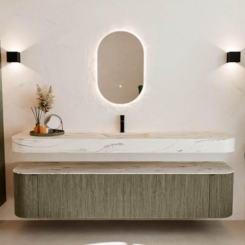 MONDIAZ THOR-DLUX 200cm meuble de salle de bains arrondi gauche + droite couleur Shadow avec 2 tiroirs et 2 portes. Vasque suspendue CLOUD Milieu 1 trou de robinet couleur Nata. SW1467181