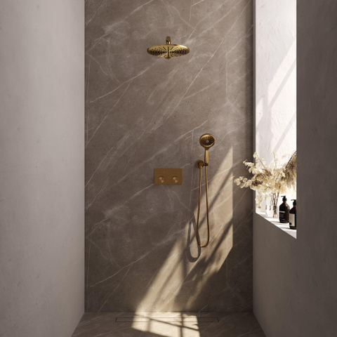 BRAUER Gold Edition Douche de pluie thermostatique encastrée - boutons-poussoirs - SET 56 - pomme de douche 30cm - bras mural droit - douchette 3 jets - flexible de douche - coude d’alimentation mural - or brossé PVD SW925659