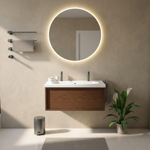 Saniclass Holz Frame Ensemble de meubles de salle de bains - 100x45x43.5cm - lavabo en céramique Palermo blanc - 1 vasque - 2 trous de robinet - 1 tiroir - walnut pure mat (bois) SW1478627