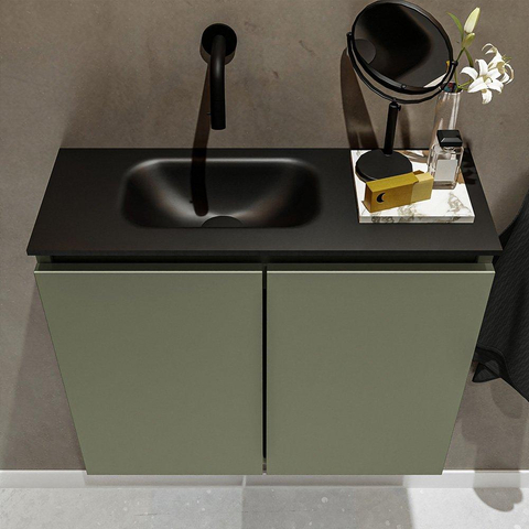 MONDIAZ TURE Toiletmeubel 60x23x50cm met 0 kraangaten 2 deuren army mat Wastafel Eden links Solid Surface Zwart SW475326