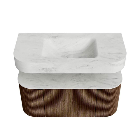 MONDIAZ THOR-DLUX 100cm meuble de salle de bains arrondi gauche + droite couleur Walnut avec 1 tiroir et 2 portes. Vasque suspendue CLOUD Milieu 1 trou de robinet couleur Opalo. SW1467382