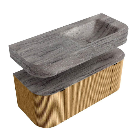 MONDIAZ THOR-DLUX 110cm badmeubel ronding links + rechts kleur Oak met 1 lade en 2 deuren. Vrijhangende wastafel CLOUD Rechts 1 kraangat kleur Oza. SW1462976