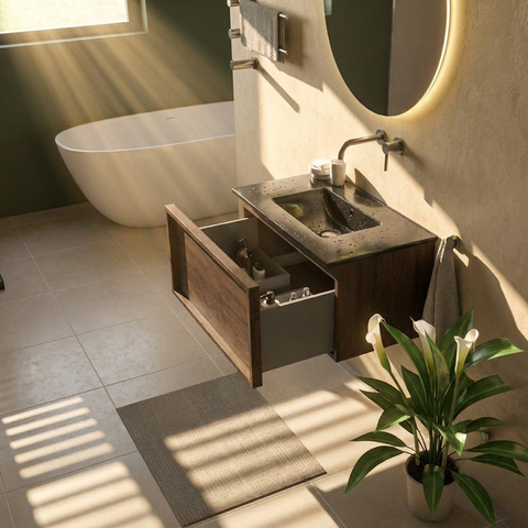 Saniclass Holz Frame Ensemble de meuble de salle de bains - 80x45x42cm - lavabo Vygo en céramique noir - 1 vasque - sans trou de robinet - 1 tiroir - chêne charcoal mat (bois) SW1478946