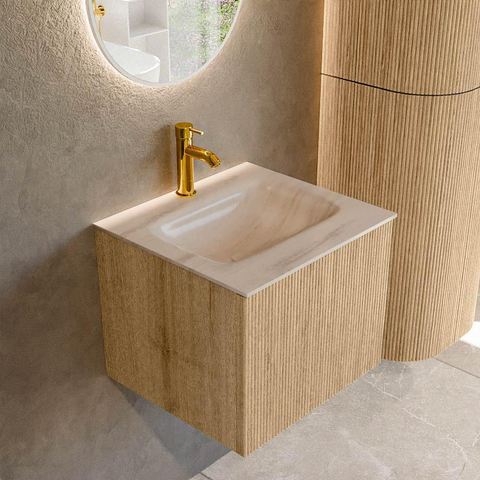 MONDIAZ KURVE-DLUX Meuble de salle de bains 50 cm couleur Oak avec 1 tiroir et 0 porte. Lavabo GRUNNE Central 1 trou de robinet Meli. SW1431580