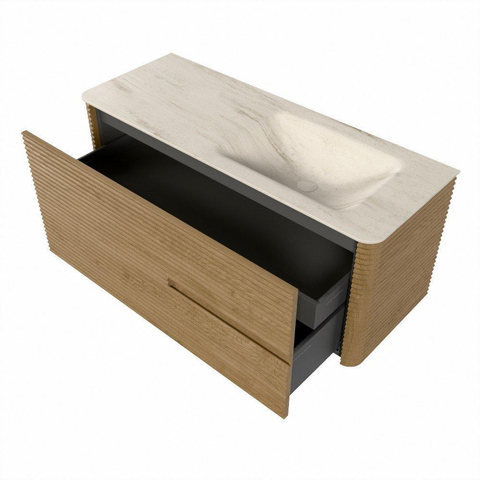 Mondiaz CIRO-DLUX Meuble de salle de bains - 120x45x50cm - Plan vasque Solid surface Meli - 1 lavabo à droite - sans trous de robinetterie - 2 tiroirs - Chêne SW1531404
