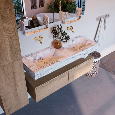 Mondiaz ALAN-DLUX Ensemble de meuble - 130cm - meuble Washed Oak mat - 2 tiroirs - Lavabo Cloud Glace suspendu - vasque Gauche et droite - 0 trous de robinet SW808833