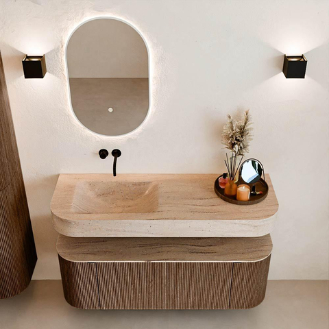 MONDIAZ THOR-DLUX 130cm badmeubel ronding links + rechts kleur Walnut met 1 lade en 2 deuren. Vrijhangende wastafel CLOUD Links zonder kraangat kleur Saba. SW1464047