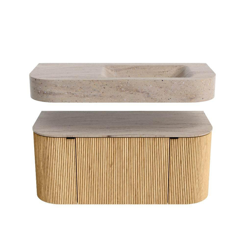 MONDIAZ THOR-DLUX 100cm badmeubel ronding links + rechts kleur Oak met 1 lade en 2 deuren. Vrijhangende wastafel CLOUD Rechts 1 kraangat kleur Saba. SW1467556