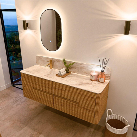 Mondiaz CIRO-DLUX Ensemble de meubles de salle de bains - 150x45x50cm - Vasque solid surface Frappe - 1 lavabo à gauche - 1 trou de robinet - 4 tiroirs - Chêne SW1530875