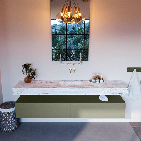 Mondiaz ALAN-DLUX Ensemble de meuble - 200cm - meuble Army mat - 2 tiroirs - Lavabo Cloud Glace suspendu - vasque Centre - 0 trous de robinet SW805862