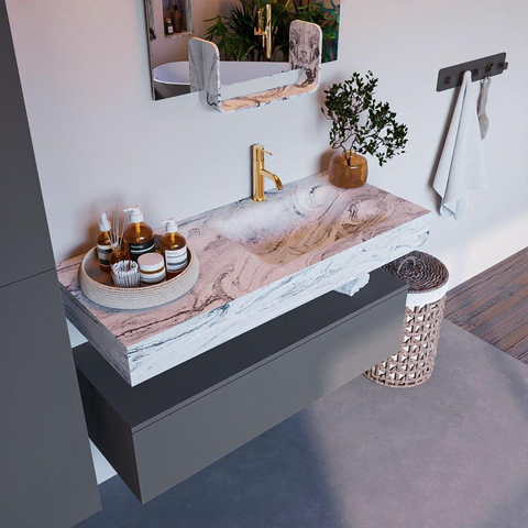 MONDIAZ ALAN - DLUX Badkamermeubelset - 110cm - onderkast - Plata - 1 lade - vrijhangende wastafel - wasbak rechts - 1 kraangat - Glace SW805948