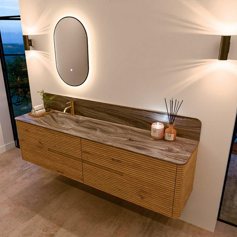Mondiaz CIRO-DLUX Ensemble de meubles de salle de bains - 190x45x50cm - Plan vasque solid surface Sombra - 1 lavabo à gauche - 1 trou de robinet - 4 tiroirs - Chêne SW1531293