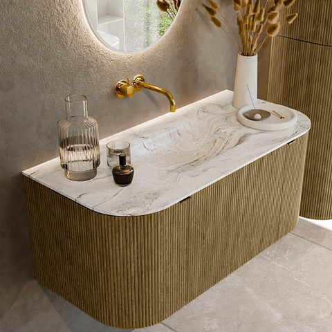 Mondiaz KURVE-DLUX Ensemble de meubles de salle de bains - 100x46x40cm - 1 tiroir - 2 portes - lavabo solid surface - central - sans trou de robinet - Dusk SW1415442